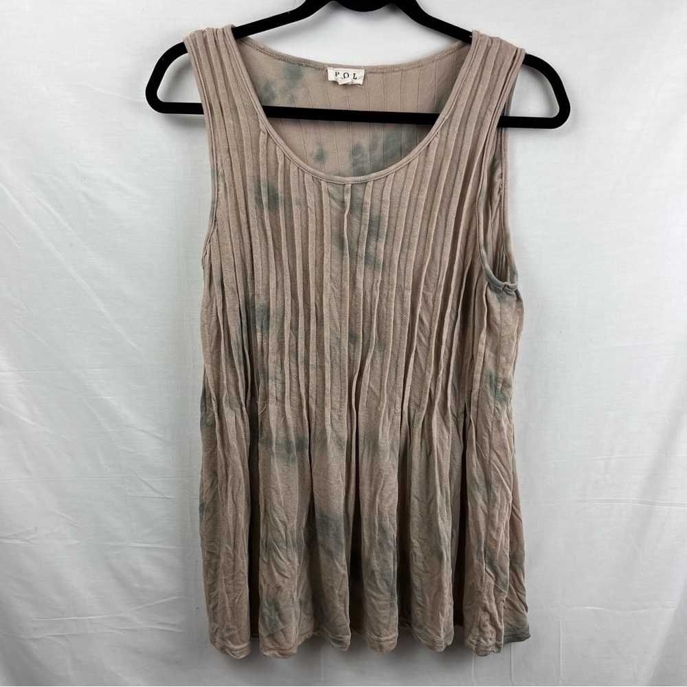 POL Women’s Beige Tie Dye Pleated Blouse Top Stretchy Size M